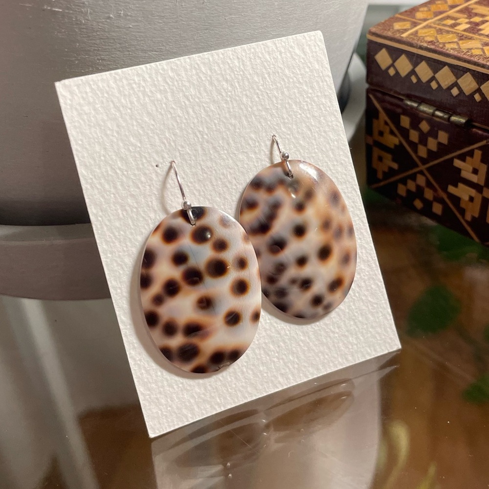 Brown and cream oval shell dangle earrings